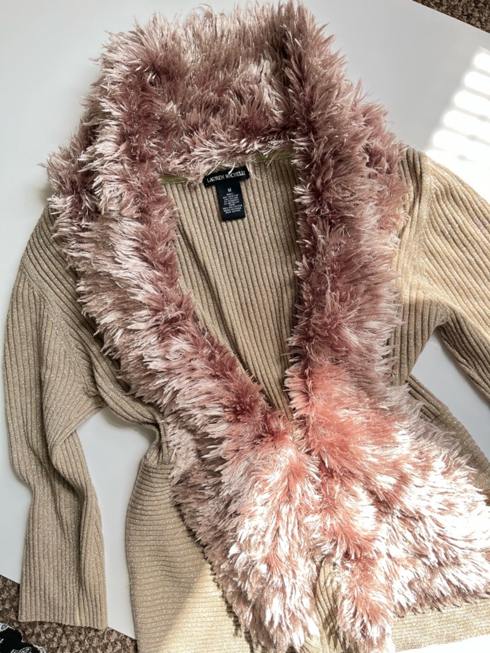 Lauren Michelle Cream Ribbed Cardigan with Blush Faux Fur Trim